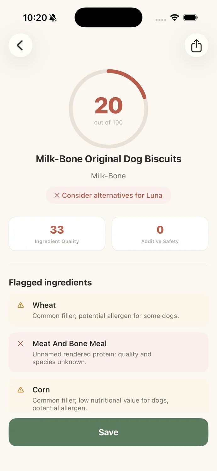 Altie app showing Milk-Bone Biscuits scored 20 out of 100