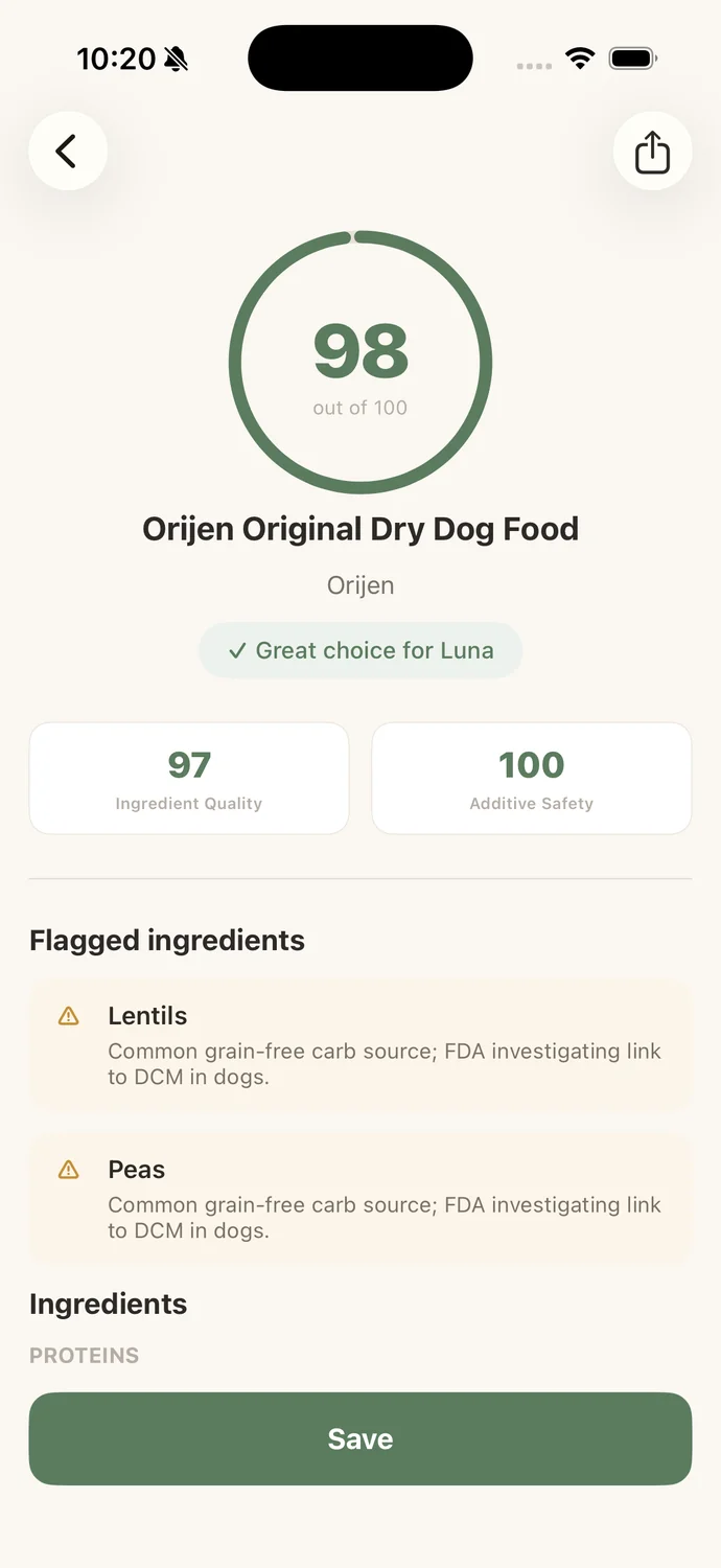 Altie app showing Orijen Original scored 98 out of 100